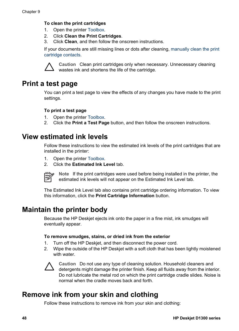 View estimated ink levels, Maintain the printer body, Remove ink from your skin and clothing | Print a test page | HP Deskjet D1341 Printer User Manual | Page 50 / 80