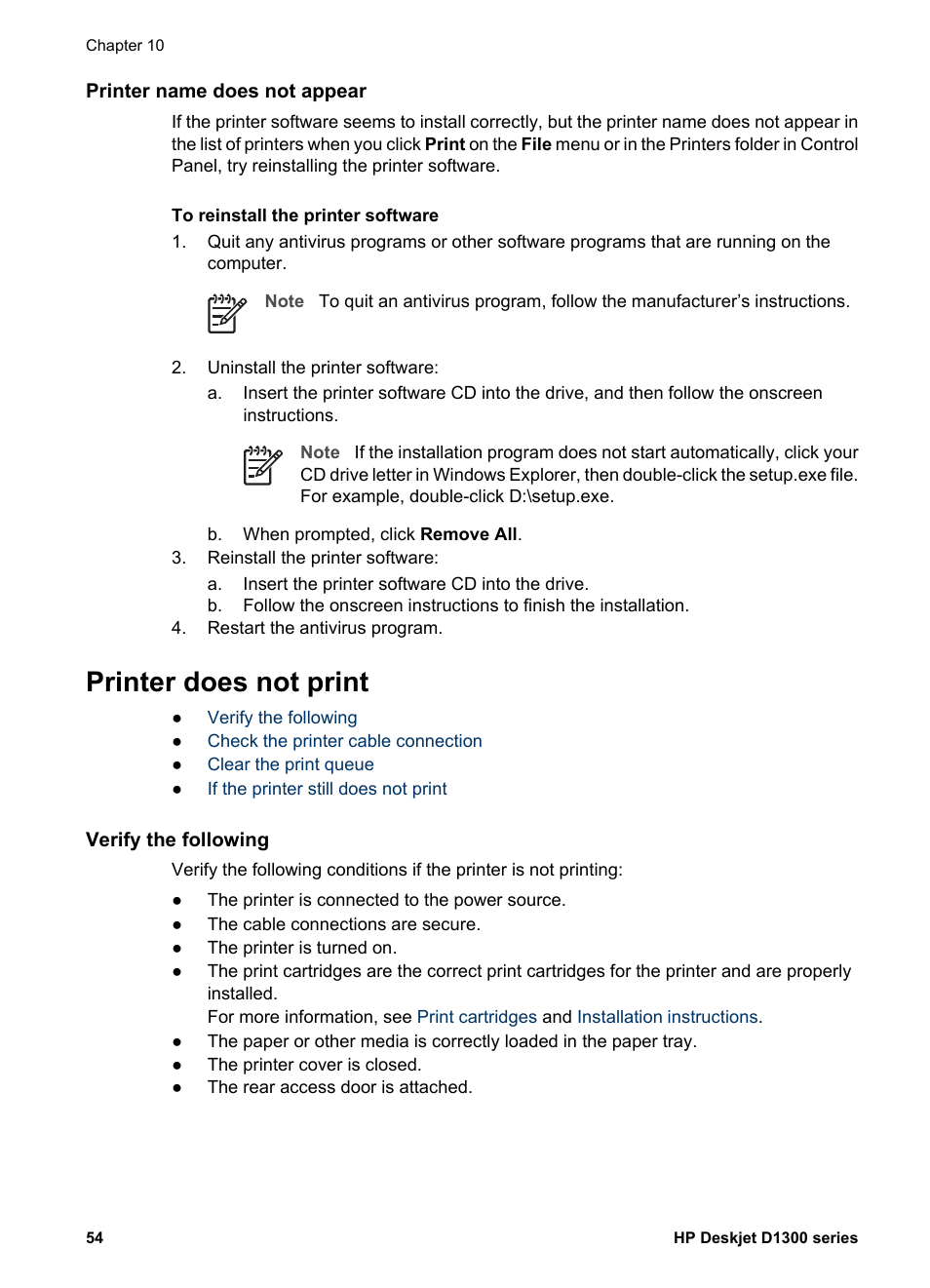 Printer name does not appear, Printer does not print, Verify the following | HP Deskjet D1341 Printer User Manual | Page 56 / 80