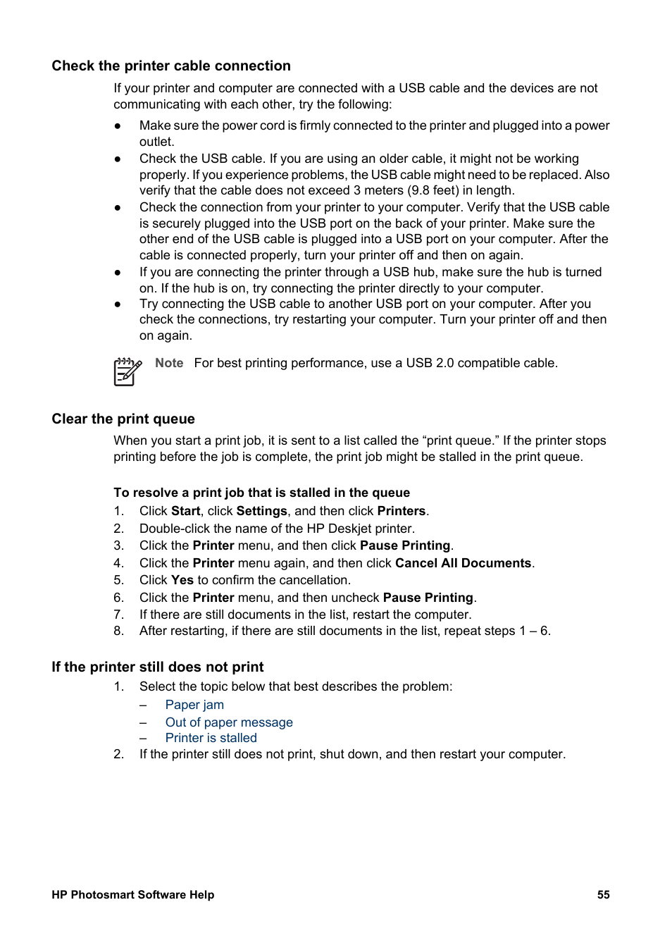 Check the printer cable connection, Clear the print queue, If the printer still does not print | HP Deskjet D1341 Printer User Manual | Page 57 / 80