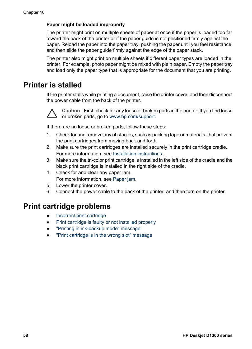 Printer is stalled, Print cartridge problems, Printer is stalled print cartridge problems | Paper might be loaded improperly | HP Deskjet D1341 Printer User Manual | Page 60 / 80