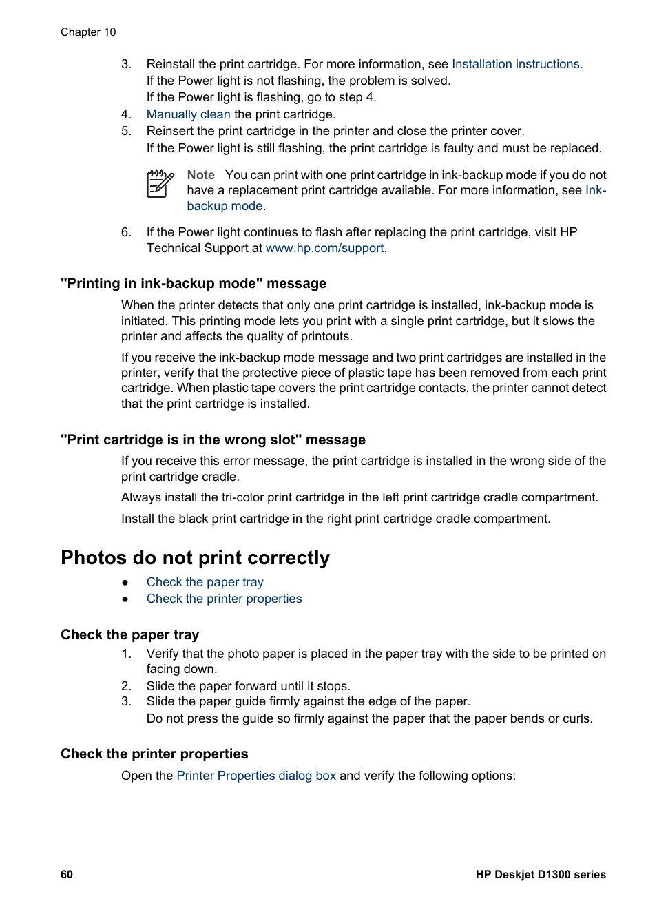 Printing in ink-backup mode" message, Print cartridge is in the wrong slot" message, Photos do not print correctly | Check the paper tray, Check the printer properties | HP Deskjet D1341 Printer User Manual | Page 62 / 80
