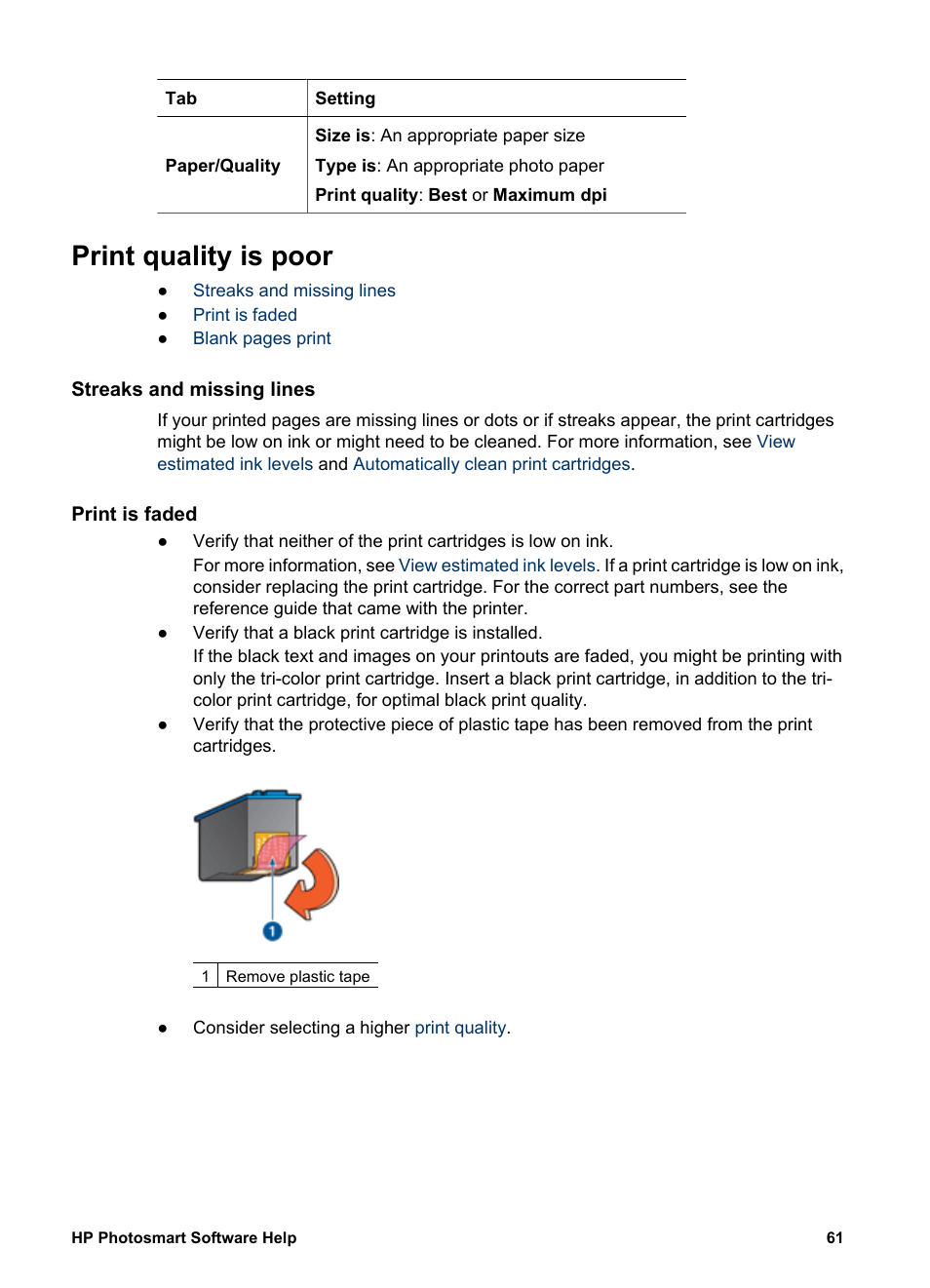 Print quality is poor, Streaks and missing lines, Print is faded | HP Deskjet D1341 Printer User Manual | Page 63 / 80