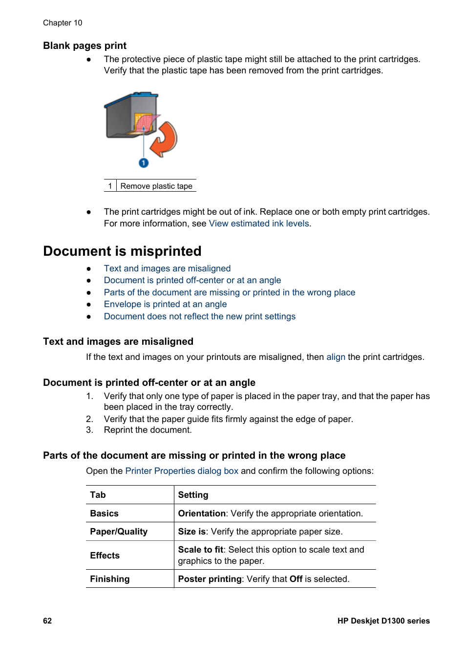 Document is misprinted, Text and images are misaligned, Document is printed off-center or at an angle | HP Deskjet D1341 Printer User Manual | Page 64 / 80