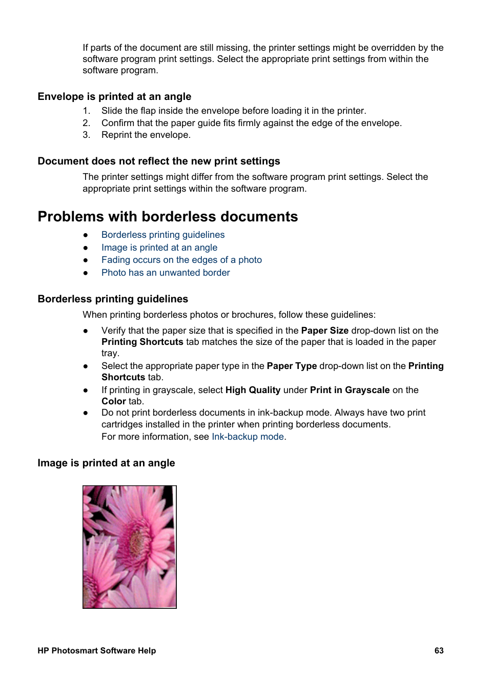 Envelope is printed at an angle, Document does not reflect the new print settings, Problems with borderless documents | Borderless printing guidelines, Image is printed at an angle | HP Deskjet D1341 Printer User Manual | Page 65 / 80