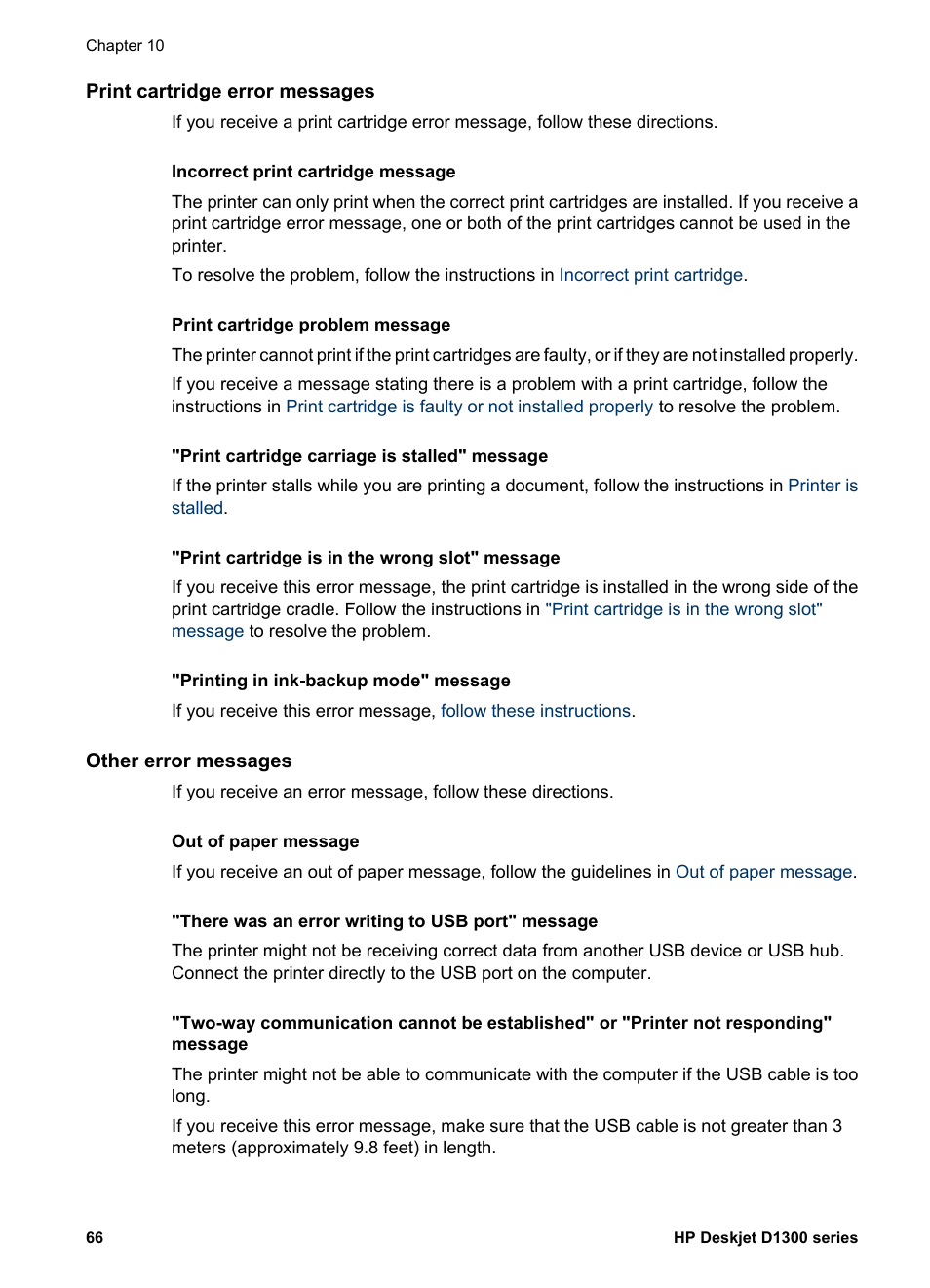 Print cartridge error messages, Other error messages | HP Deskjet D1341 Printer User Manual | Page 68 / 80