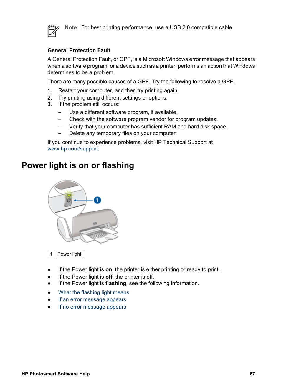 Power light is on or flashing | HP Deskjet D1341 Printer User Manual | Page 69 / 80