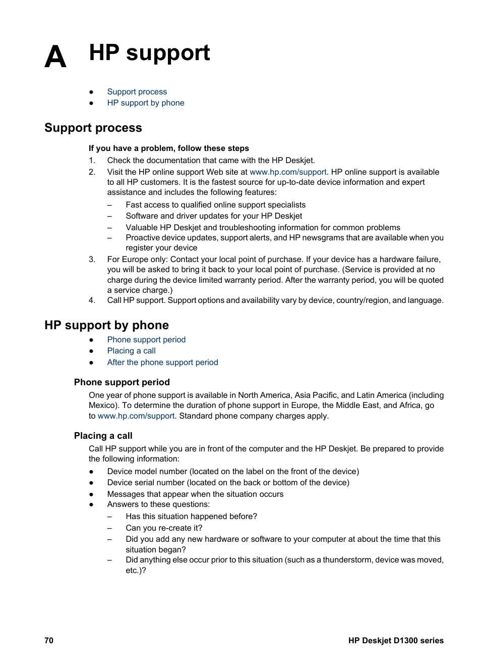 Hp support, Support process, Hp support by phone | Phone support period, Placing a call, Hp support support process hp support by phone | HP Deskjet D1341 Printer User Manual | Page 72 / 80