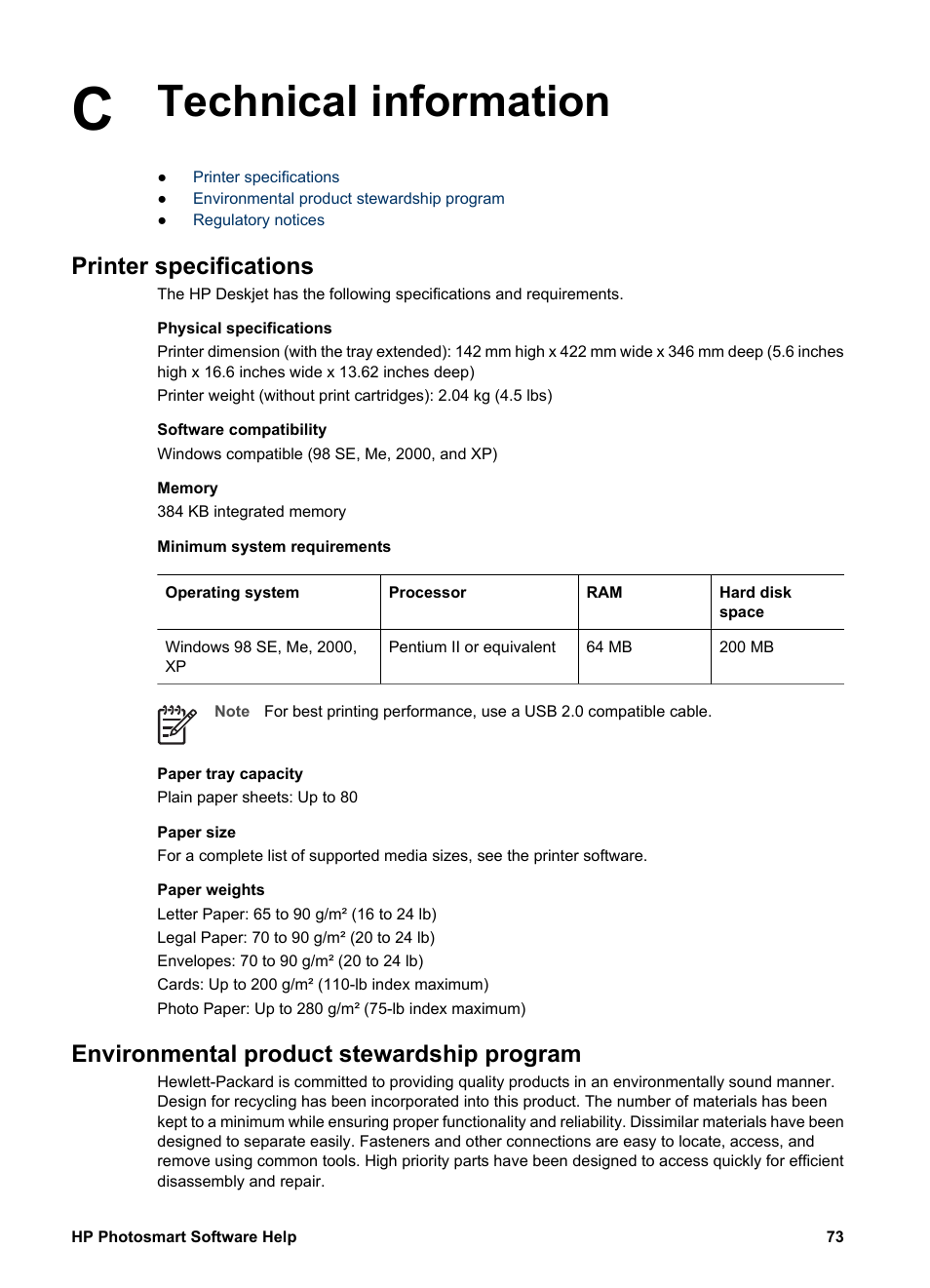Technical information, Printer specifications, Environmental product stewardship program | Printer, Specifications, Paper weight | HP Deskjet D1341 Printer User Manual | Page 75 / 80
