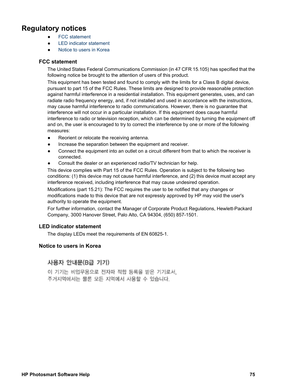 Regulatory notices, Fcc statement, Led indicator statement | Notice to users in korea | HP Deskjet D1341 Printer User Manual | Page 77 / 80