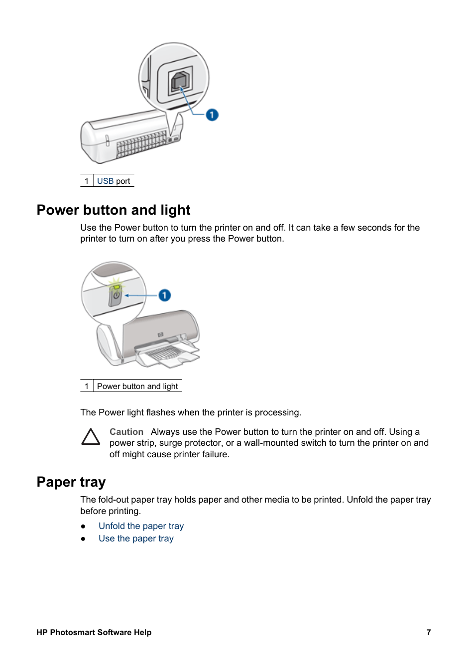 Power button and light, Paper tray, Power button and light paper tray | HP Deskjet D1341 Printer User Manual | Page 9 / 80