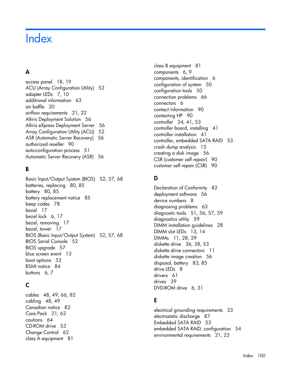 Index | HP ProLiant ML310 G5p Server User Manual | Page 100 / 103