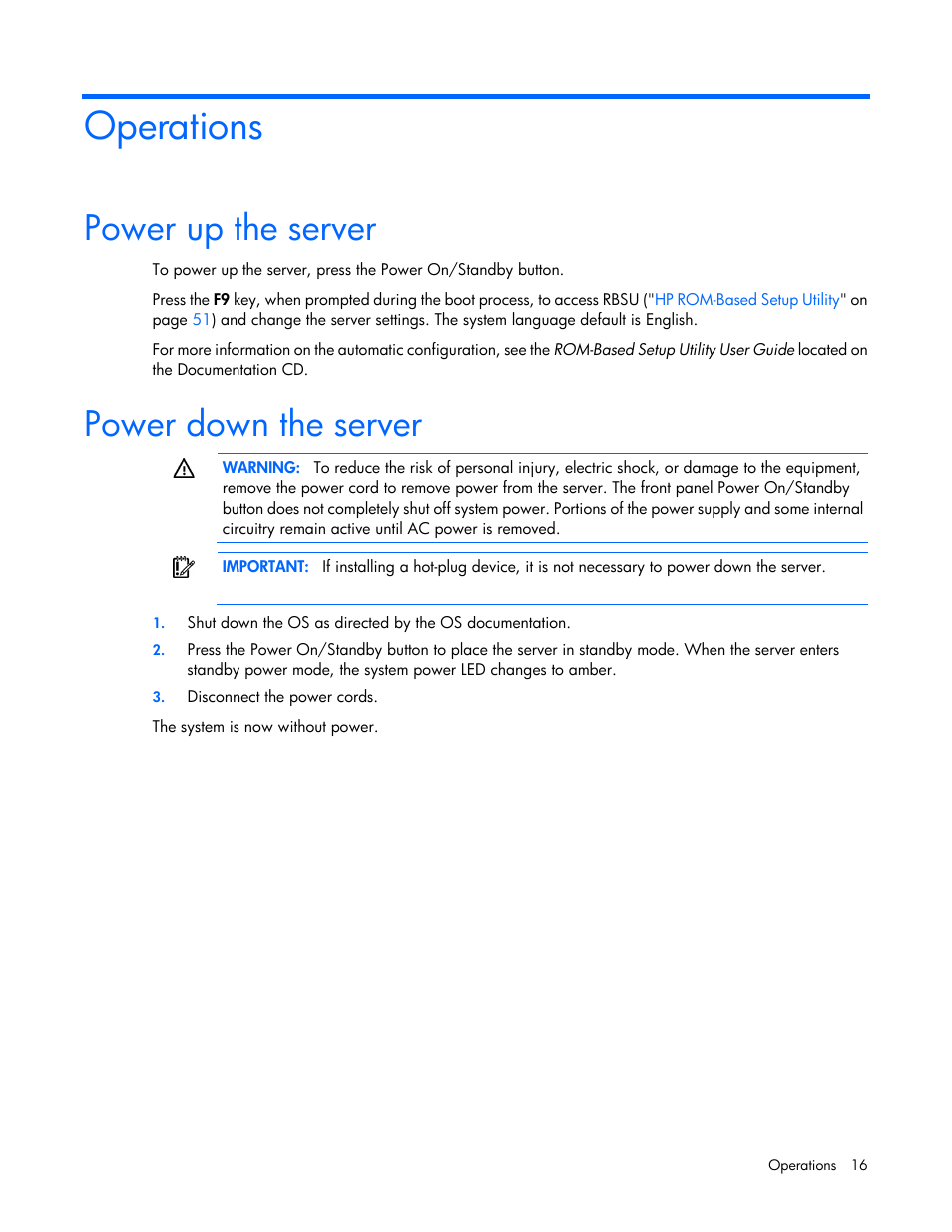 Operations, Power up the server, Power down the server | HP ProLiant ML310 G5p Server User Manual | Page 16 / 103