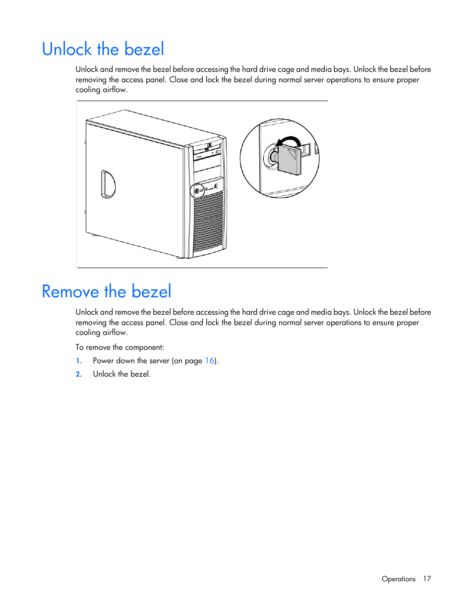 Unlock the bezel, Remove the bezel | HP ProLiant ML310 G5p Server User Manual | Page 17 / 103