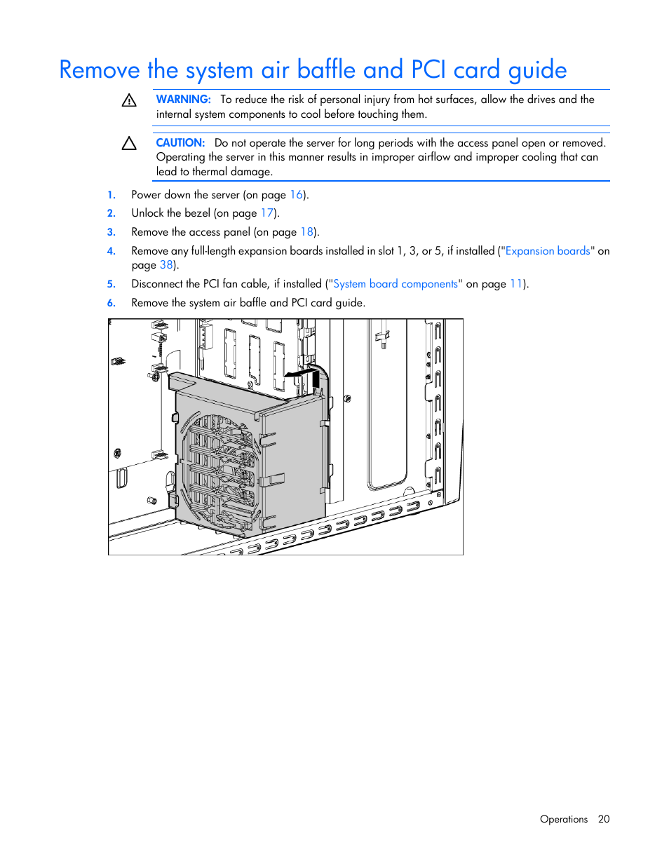 Remove the system air baffle and pci card guide | HP ProLiant ML310 G5p Server User Manual | Page 20 / 103