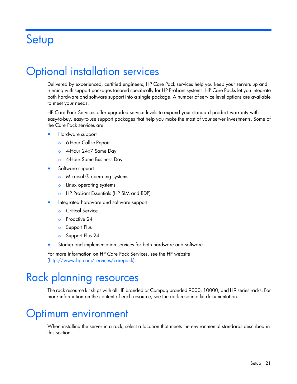 Setup, Optional installation services, Rack planning resources | Optimum environment | HP ProLiant ML310 G5p Server User Manual | Page 21 / 103