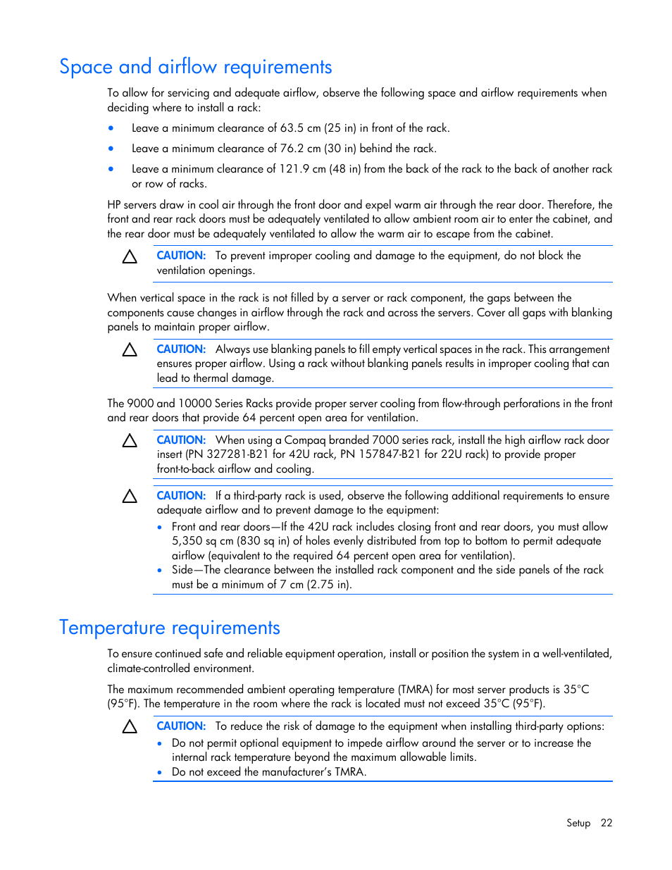 Space and airflow requirements, Temperature requirements | HP ProLiant ML310 G5p Server User Manual | Page 22 / 103