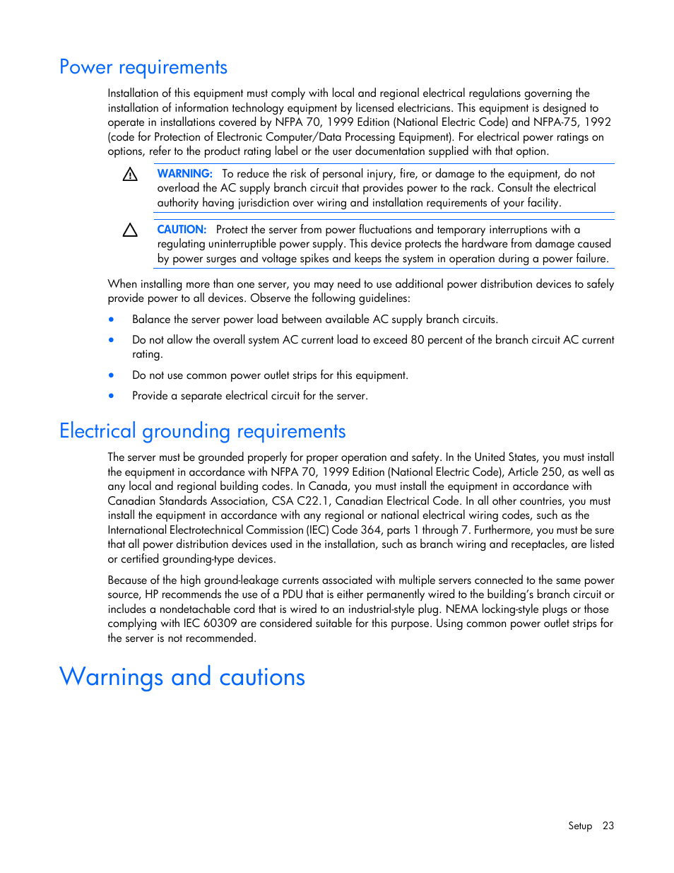 Power requirements, Electrical grounding requirements, Warnings and cautions | HP ProLiant ML310 G5p Server User Manual | Page 23 / 103