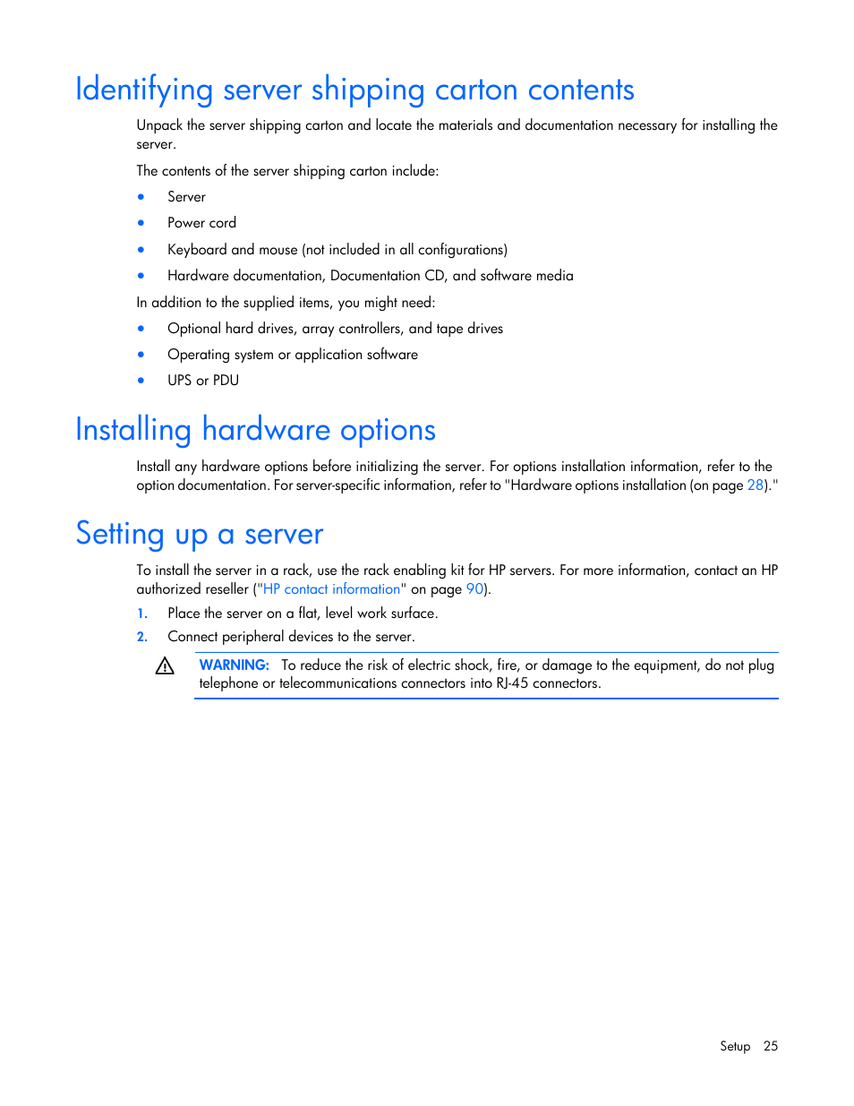 Identifying server shipping carton contents, Installing hardware options, Setting up a server | HP ProLiant ML310 G5p Server User Manual | Page 25 / 103