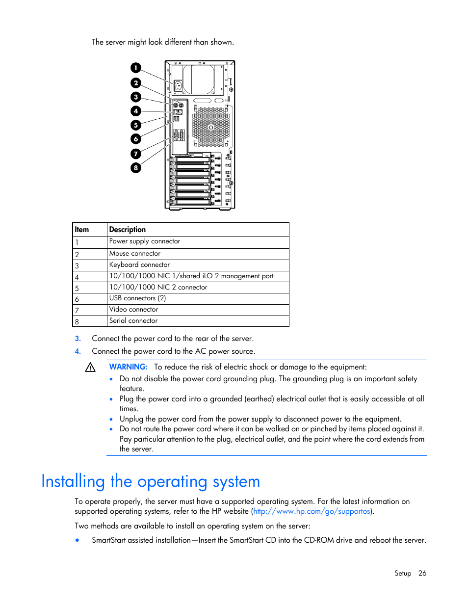 Installing the operating system | HP ProLiant ML310 G5p Server User Manual | Page 26 / 103