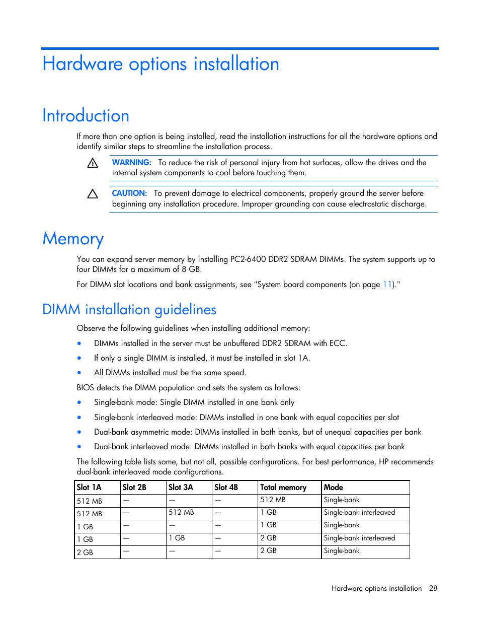 Hardware options installation, Introduction, Memory | Dimm installation guidelines | HP ProLiant ML310 G5p Server User Manual | Page 28 / 103