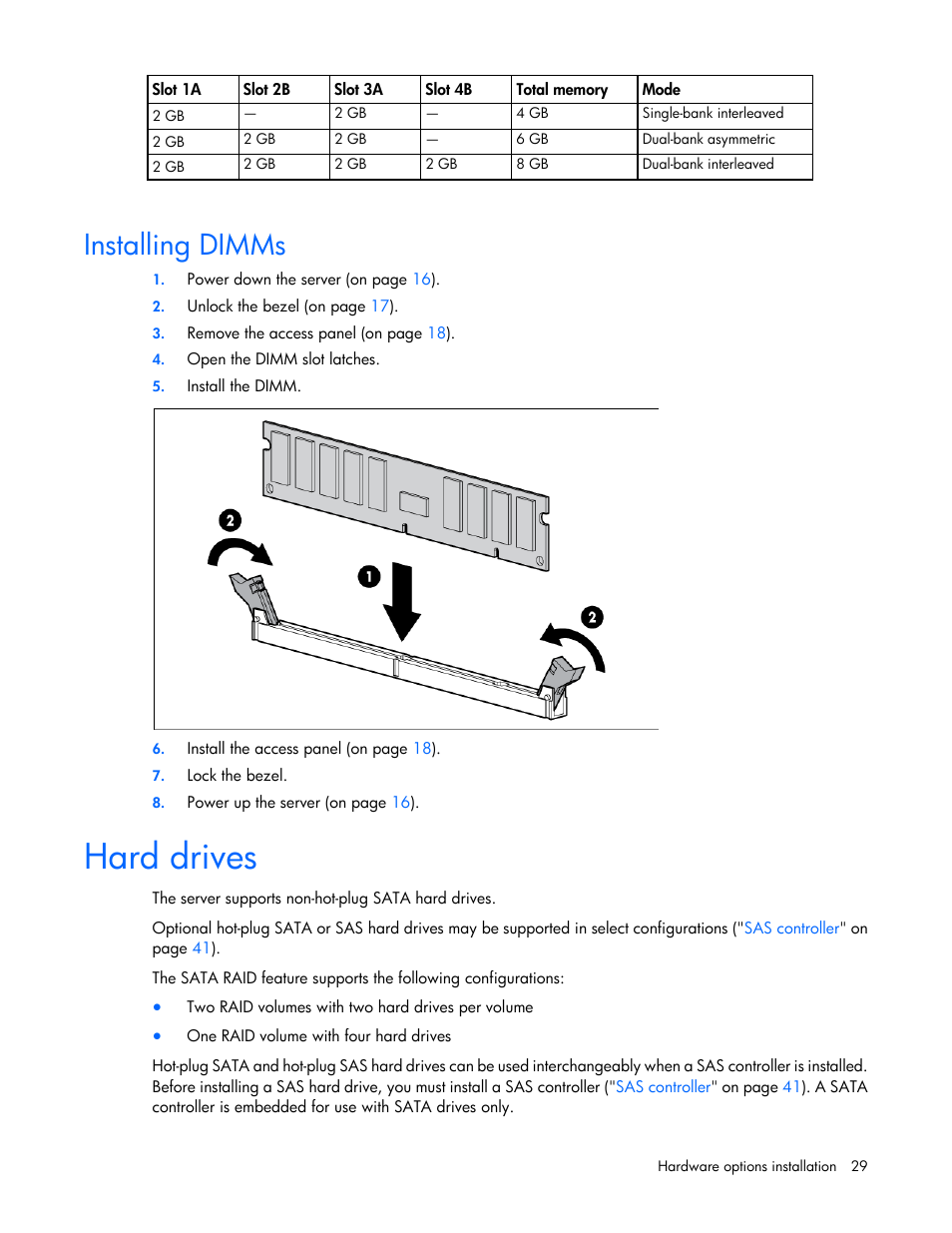 Installing dimms, Hard drives | HP ProLiant ML310 G5p Server User Manual | Page 29 / 103