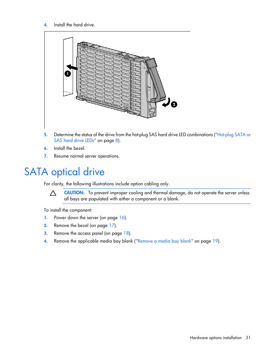 Sata optical drive | HP ProLiant ML310 G5p Server User Manual | Page 31 / 103