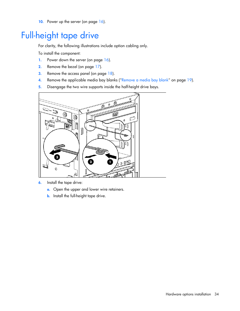 Full-height tape drive | HP ProLiant ML310 G5p Server User Manual | Page 34 / 103