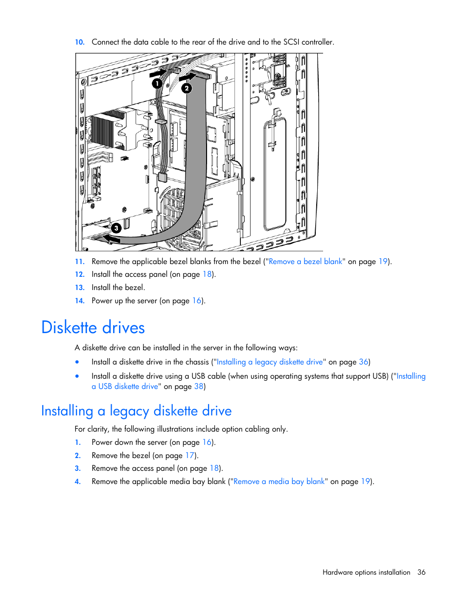 Diskette drives, Installing a legacy diskette drive | HP ProLiant ML310 G5p Server User Manual | Page 36 / 103