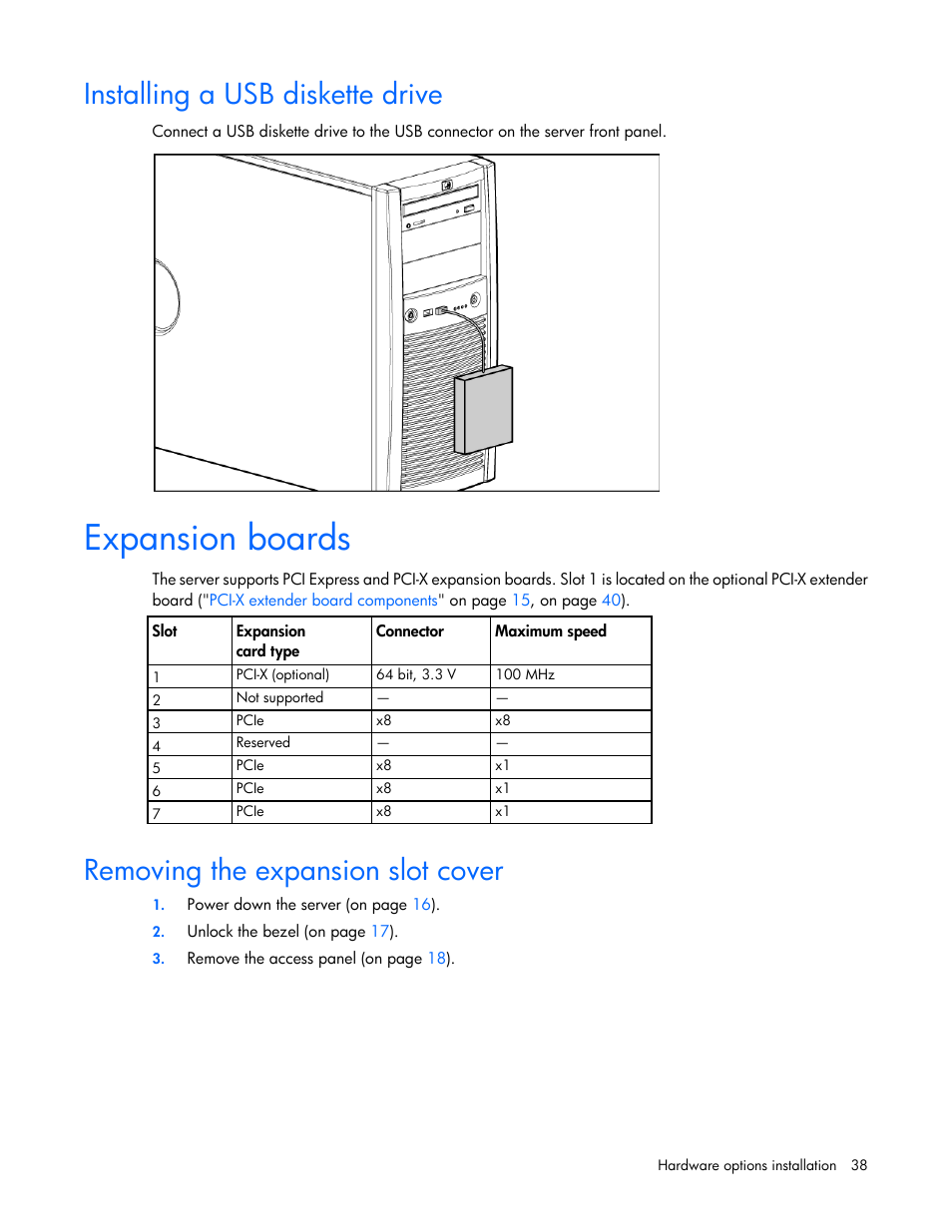 Installing a usb diskette drive, Expansion boards, Removing the expansion slot cover | Installing, A usb diskette drive | HP ProLiant ML310 G5p Server User Manual | Page 38 / 103