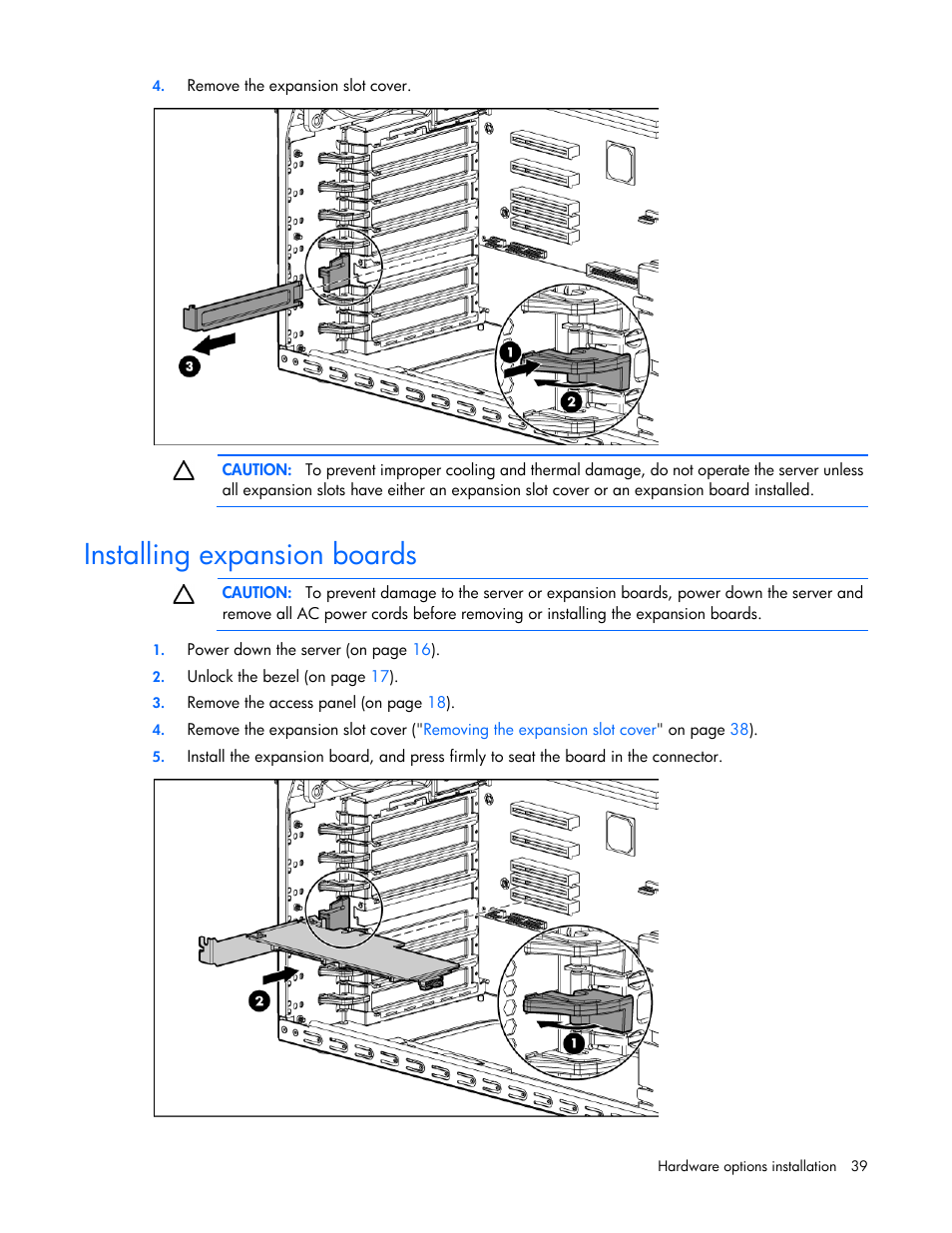 Installing expansion boards | HP ProLiant ML310 G5p Server User Manual | Page 39 / 103