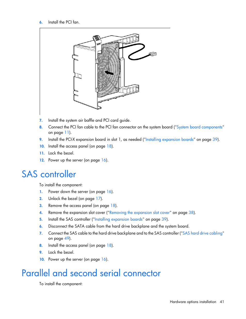 Sas controller, Parallel and second serial connector | HP ProLiant ML310 G5p Server User Manual | Page 41 / 103