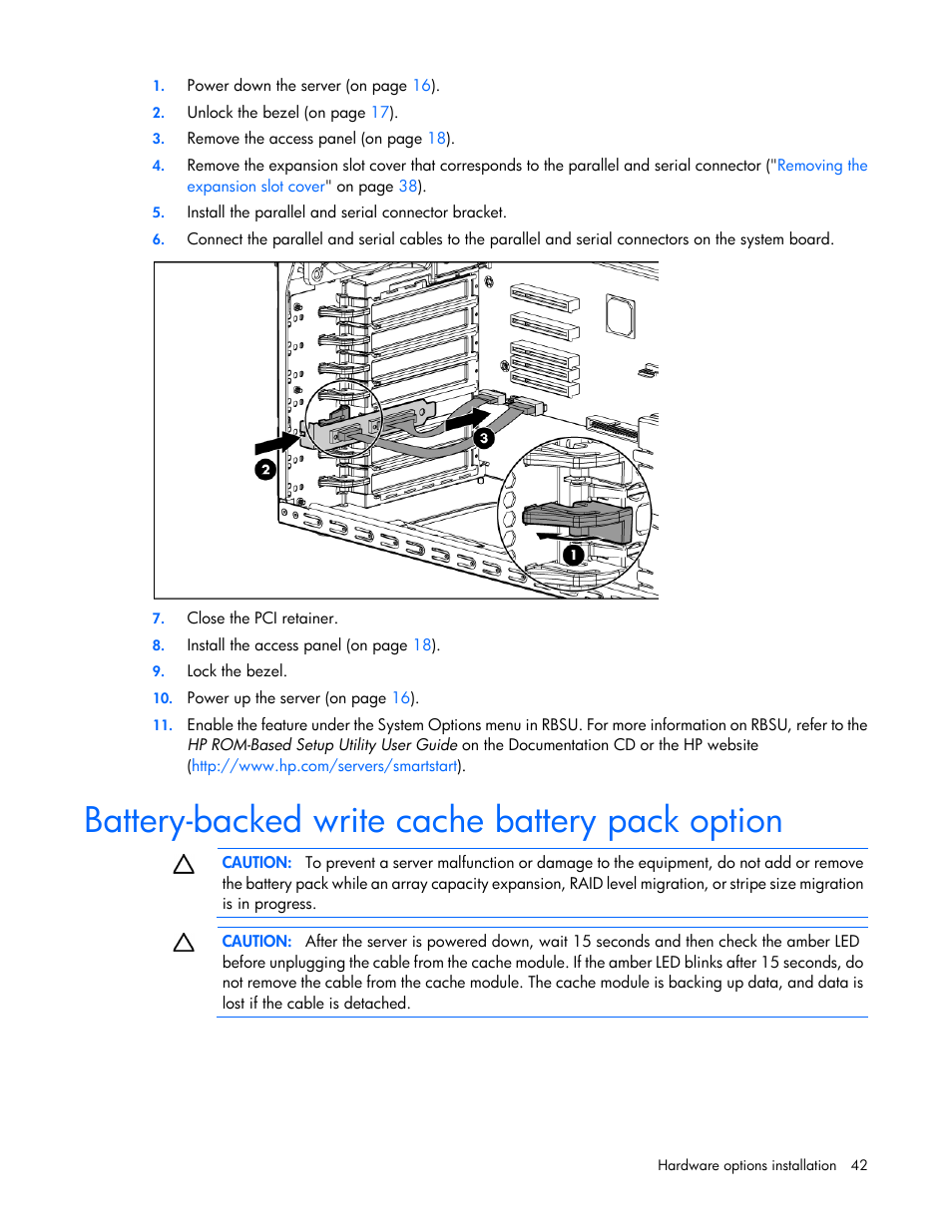 Battery-backed write cache battery pack option | HP ProLiant ML310 G5p Server User Manual | Page 42 / 103