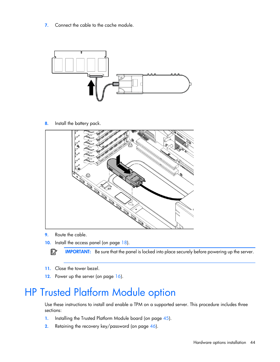 Hp trusted platform module option | HP ProLiant ML310 G5p Server User Manual | Page 44 / 103