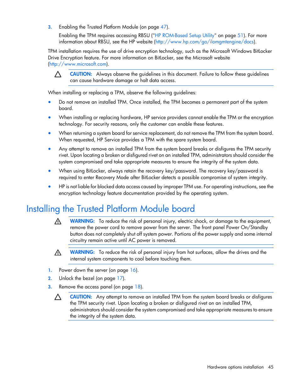 Installing the trusted platform module board | HP ProLiant ML310 G5p Server User Manual | Page 45 / 103