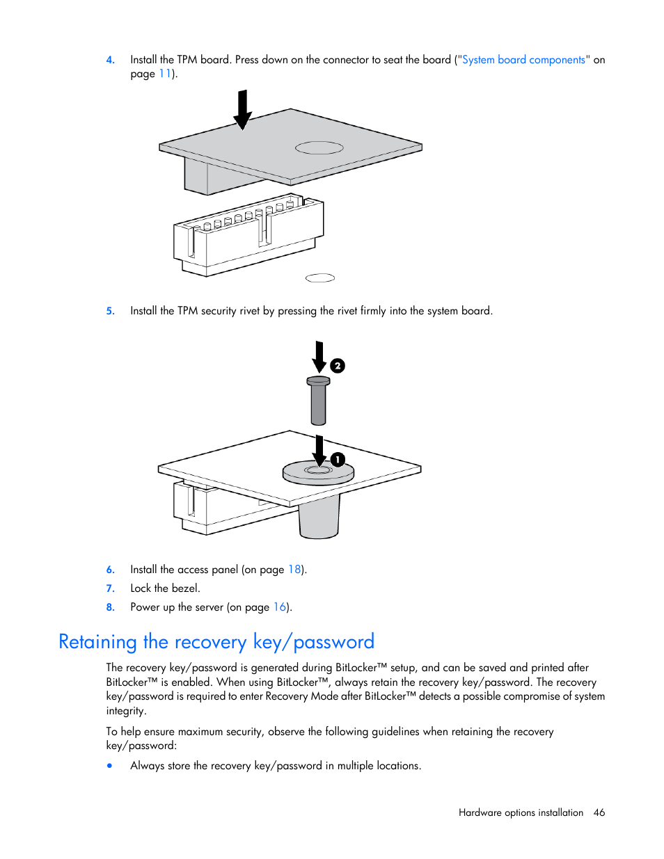Retaining the recovery key/password | HP ProLiant ML310 G5p Server User Manual | Page 46 / 103
