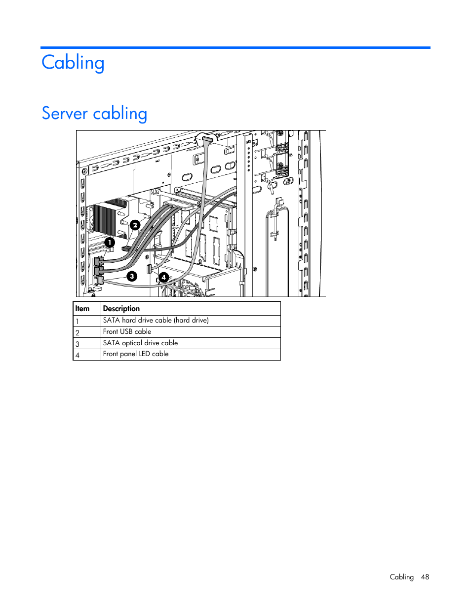 Cabling, Server cabling | HP ProLiant ML310 G5p Server User Manual | Page 48 / 103