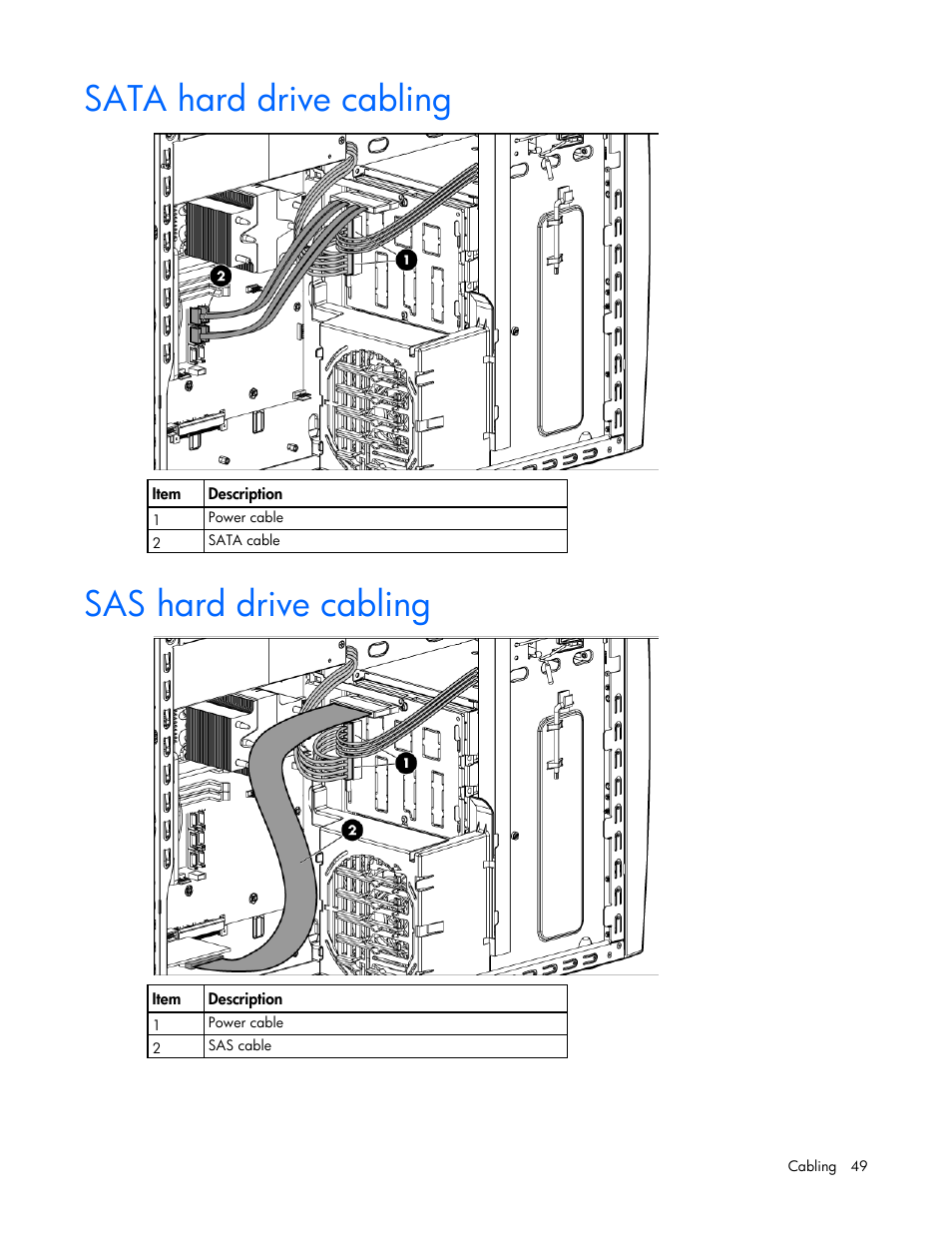 Sata hard drive cabling, Sas hard drive cabling | HP ProLiant ML310 G5p Server User Manual | Page 49 / 103