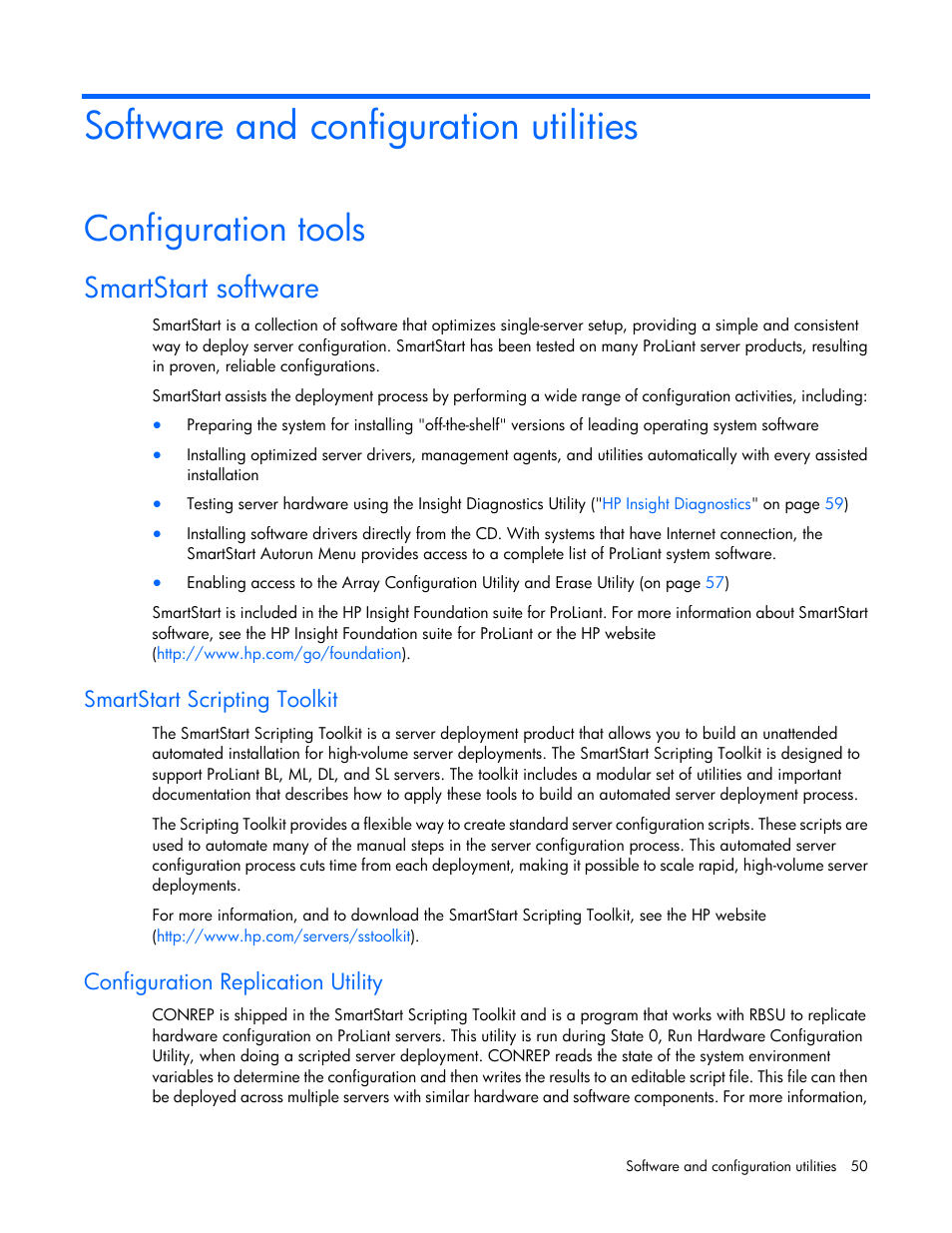 Software and configuration utilities, Configuration tools, Smartstart software | Smartstart scripting toolkit, Configuration replication utility | HP ProLiant ML310 G5p Server User Manual | Page 50 / 103