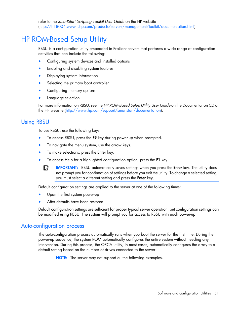 Hp rom-based setup utility, Using rbsu, Auto-configuration process | HP ProLiant ML310 G5p Server User Manual | Page 51 / 103