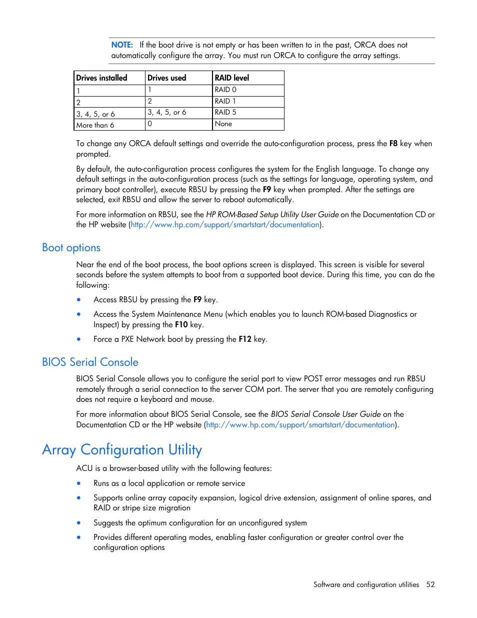 Boot options, Bios serial console, Array configuration utility | HP ProLiant ML310 G5p Server User Manual | Page 52 / 103