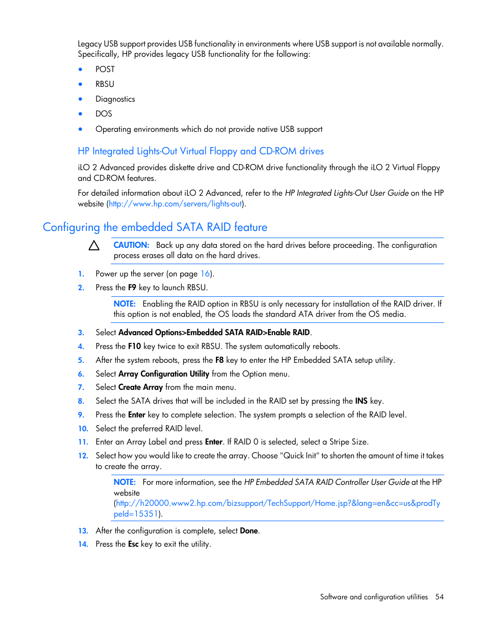 Configuring the embedded sata raid feature | HP ProLiant ML310 G5p Server User Manual | Page 54 / 103