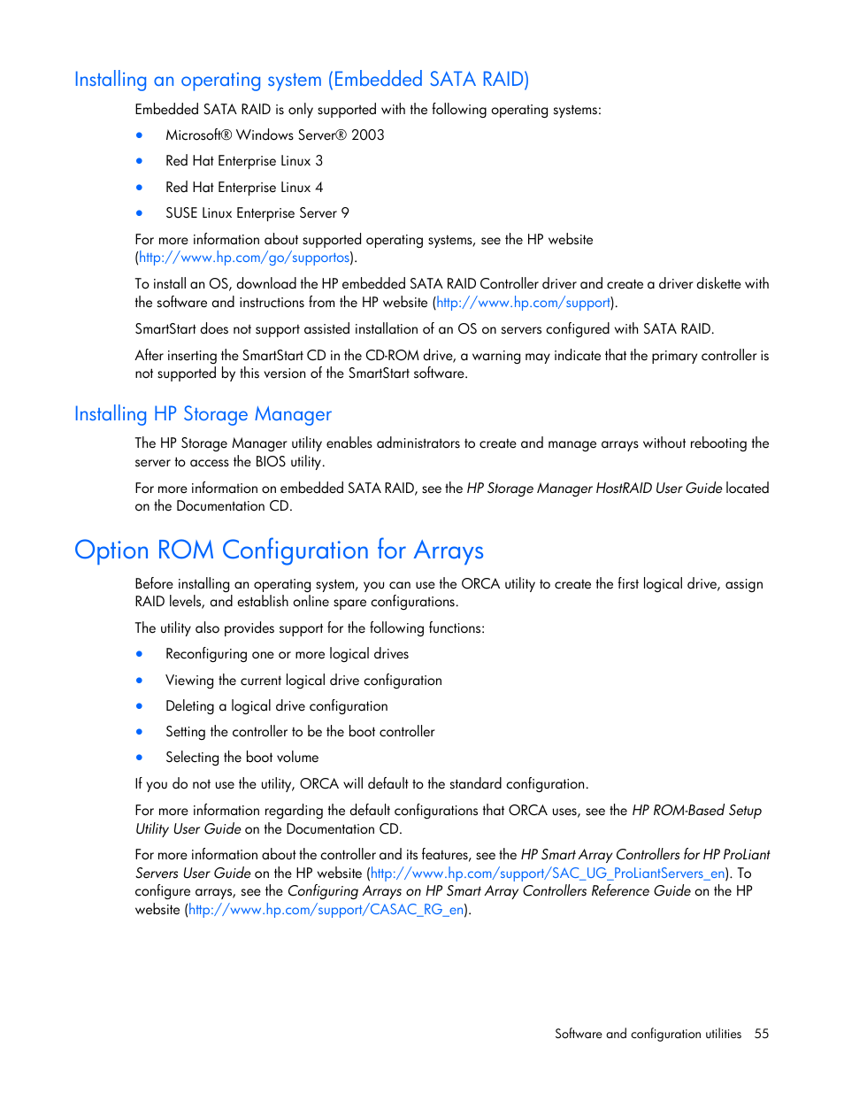 Installing hp storage manager, Option rom configuration for arrays | HP ProLiant ML310 G5p Server User Manual | Page 55 / 103