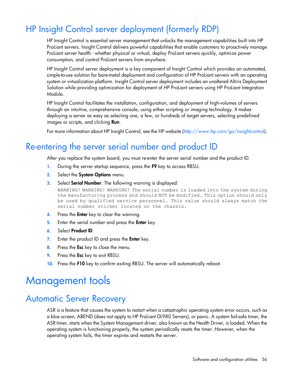 Management tools, Automatic server recovery | HP ProLiant ML310 G5p Server User Manual | Page 56 / 103