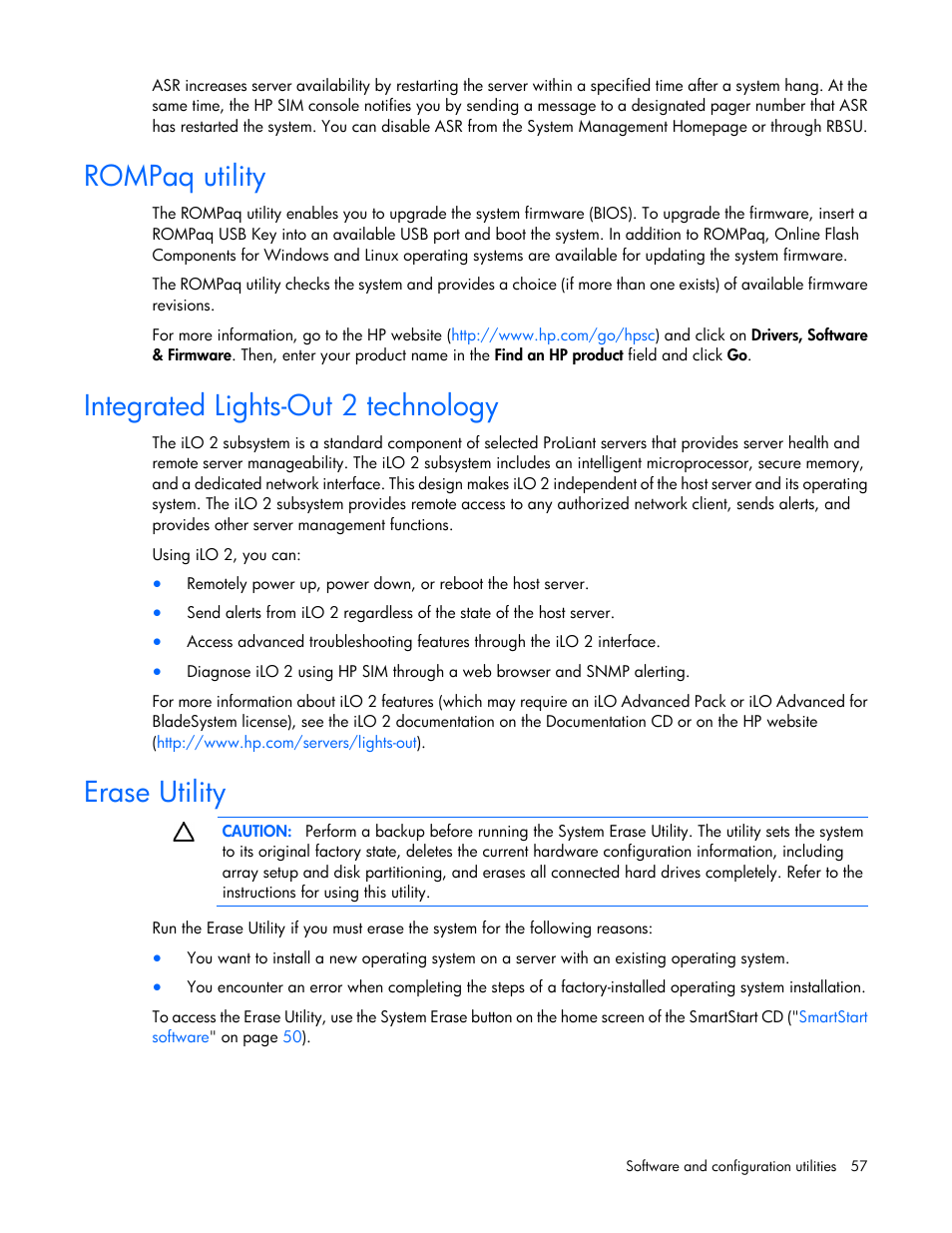 Rompaq utility, Integrated lights-out 2 technology, Erase utility | HP ProLiant ML310 G5p Server User Manual | Page 57 / 103