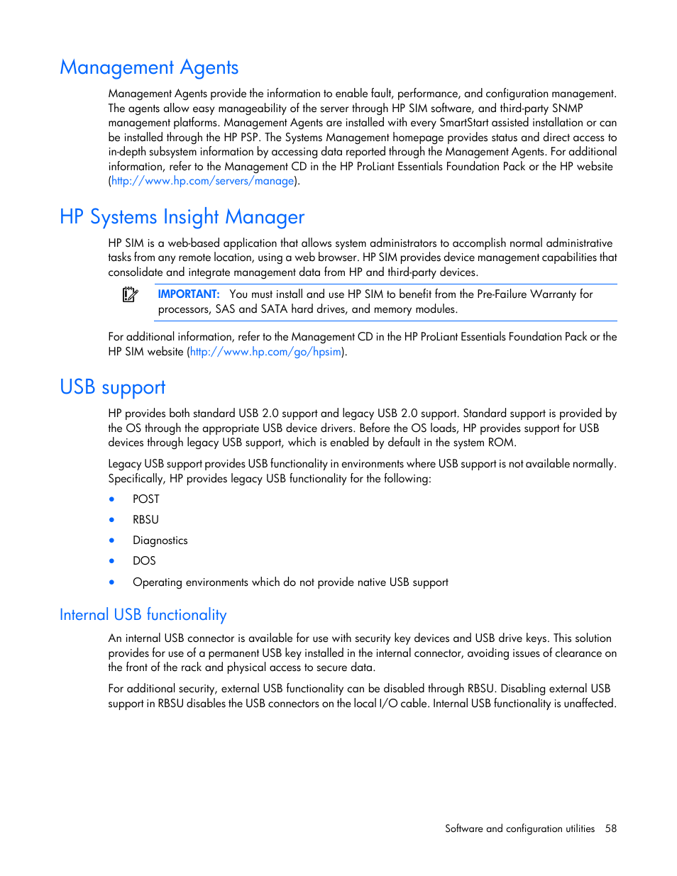 Management agents, Hp systems insight manager, Usb support | Internal usb functionality | HP ProLiant ML310 G5p Server User Manual | Page 58 / 103