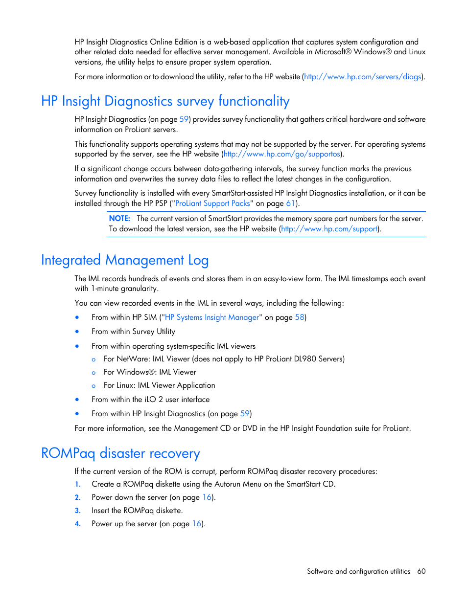 Hp insight diagnostics survey functionality, Integrated management log, Rompaq disaster recovery | HP ProLiant ML310 G5p Server User Manual | Page 60 / 103