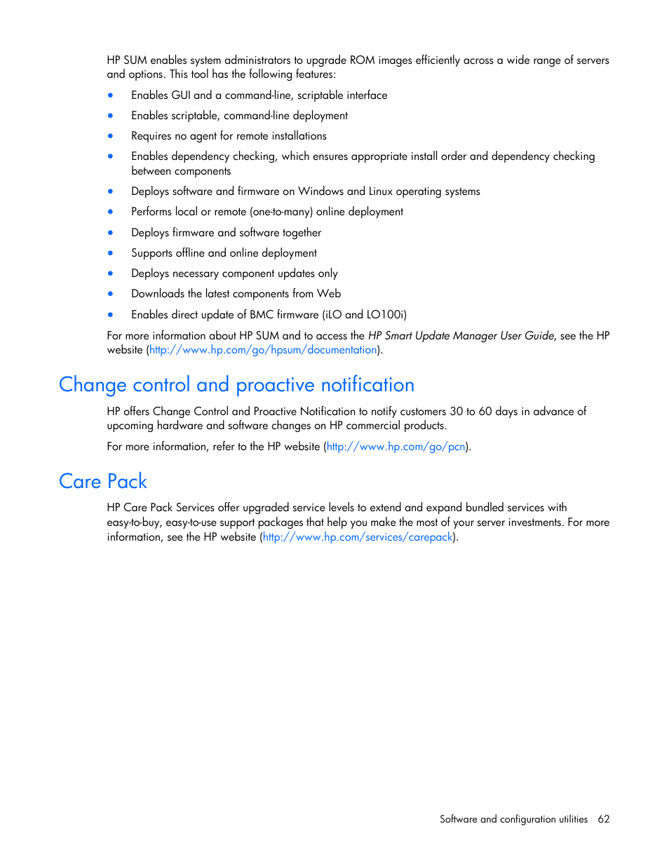 Change control and proactive notification, Care pack | HP ProLiant ML310 G5p Server User Manual | Page 62 / 103