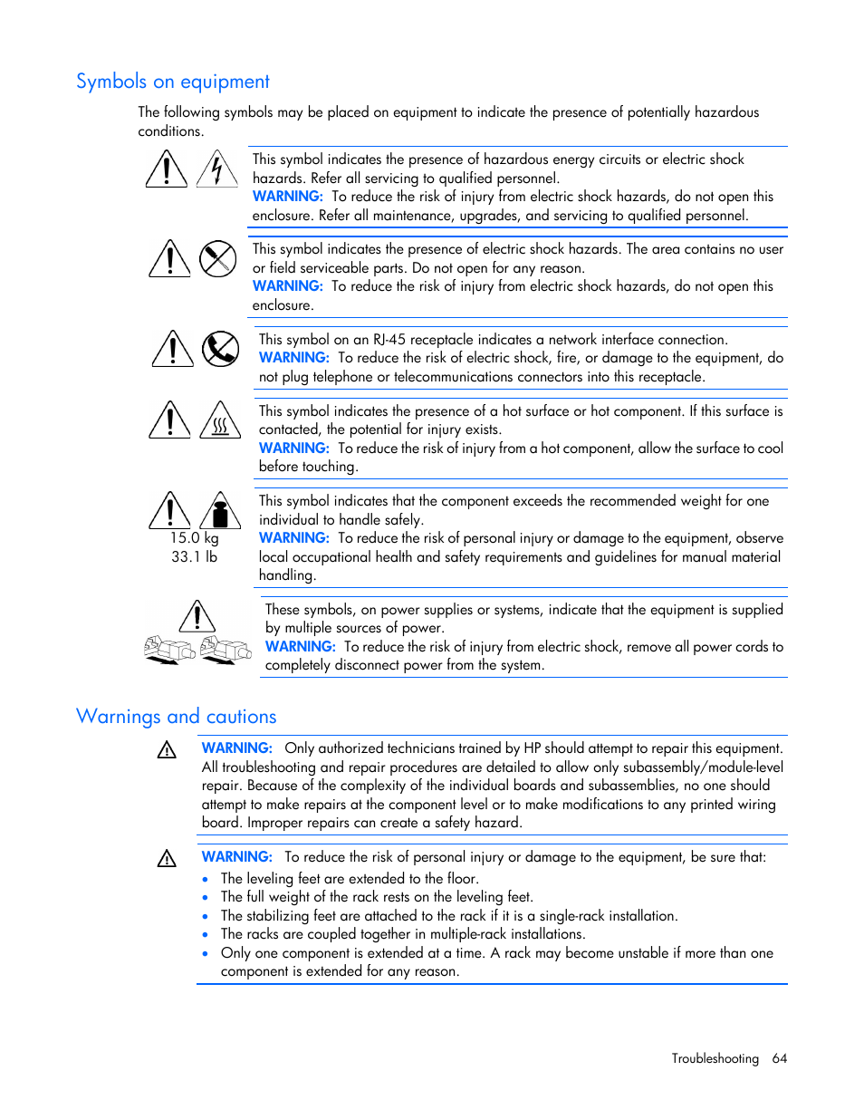 Symbols on equipment, Warnings and cautions | HP ProLiant ML310 G5p Server User Manual | Page 64 / 103