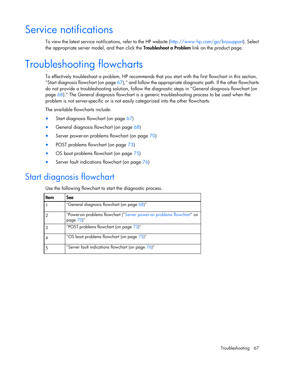 Service notifications, Troubleshooting flowcharts, Start diagnosis flowchart | HP ProLiant ML310 G5p Server User Manual | Page 67 / 103