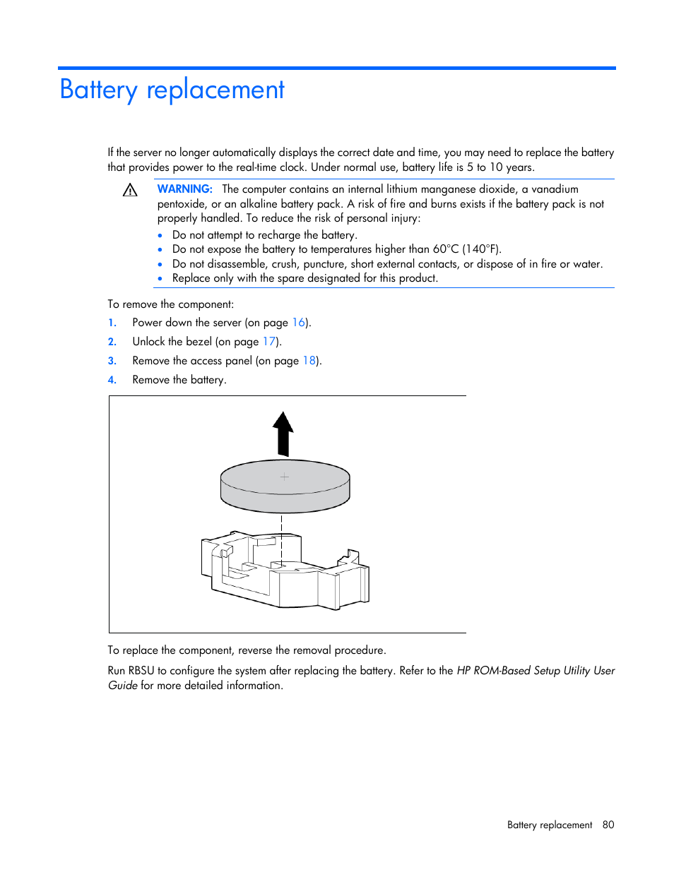 Battery replacement | HP ProLiant ML310 G5p Server User Manual | Page 80 / 103